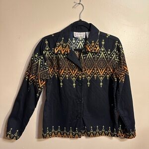 Life Style Black Boho Button Front Jacket, Studded Geometric Print, Size M